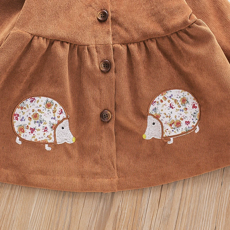Spring and Autumn Baby Girl's Solid Color Single breasted Collar Cartoon Long Sleeve Corduroy Jacket Casual Top