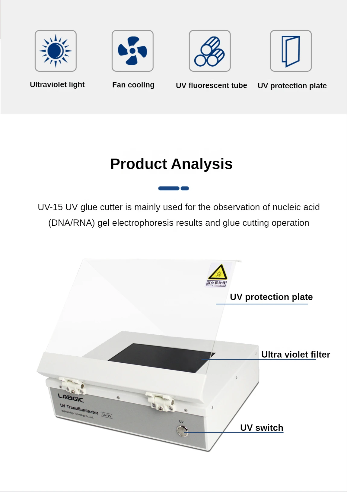 LABGIC DNA/RNA Electrophoresis Gel UV-15 UV Gel Cutter with UV Filter Glass and Precise Sealing Structure High-quality UV gel cutter for DNA/RNA electrophoresis gel cutting, featuring UV filter glass and precise sealing structure for safe and accurate operation. High-quality UV gel cutter for DNA/RNA electrophoresis gel cutting, featuring UV filter glass and precise sealing structure for safe and accurate operation. LABGIC DNA/RNA Electrophoresis Gel UV-15 UV Gel Cutter