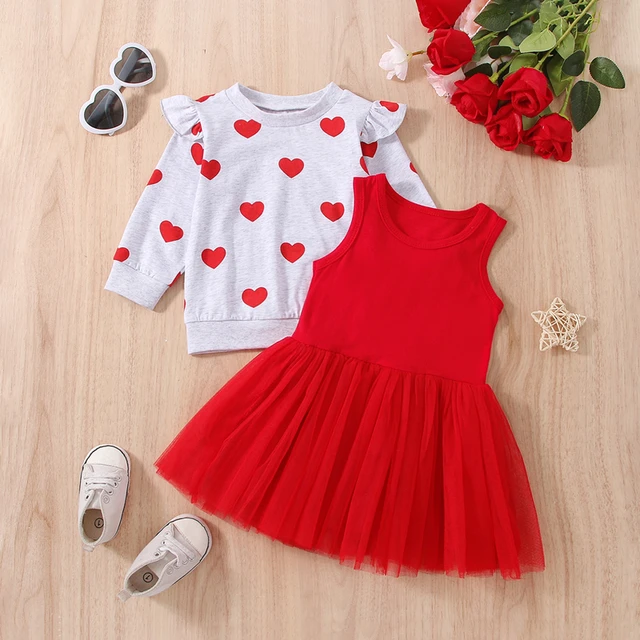SUNSIOM Toddler Kids Baby Girl Valentine's Day Clothes Set Heart Print Long  Sleeve Sweatshirt+Tulle Sleeveless Dress 2pcs - AliExpress