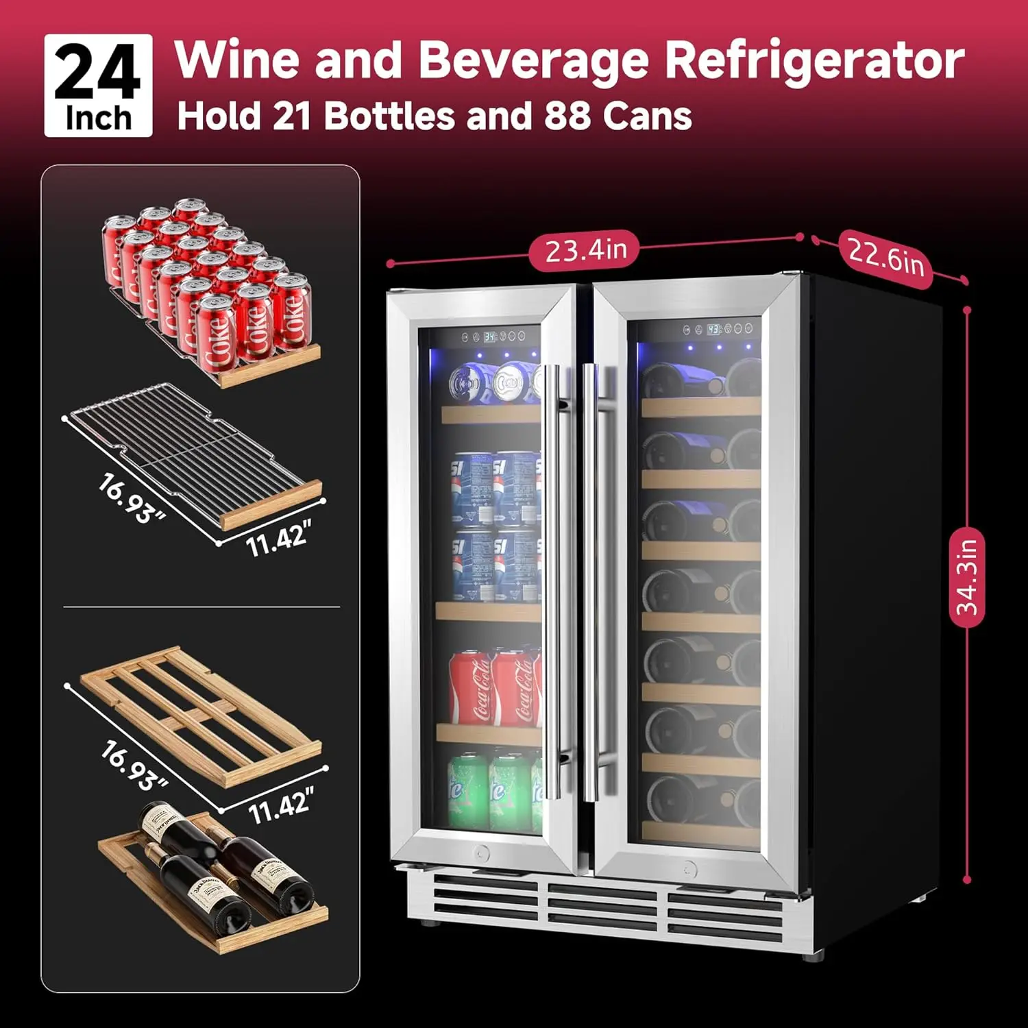 Beverage Refrigerator, Dual Zone Wine Cooler with Glass Door, Hold 88 Cans & 21 Bottles, Built in or Freestanding Under Counter 3