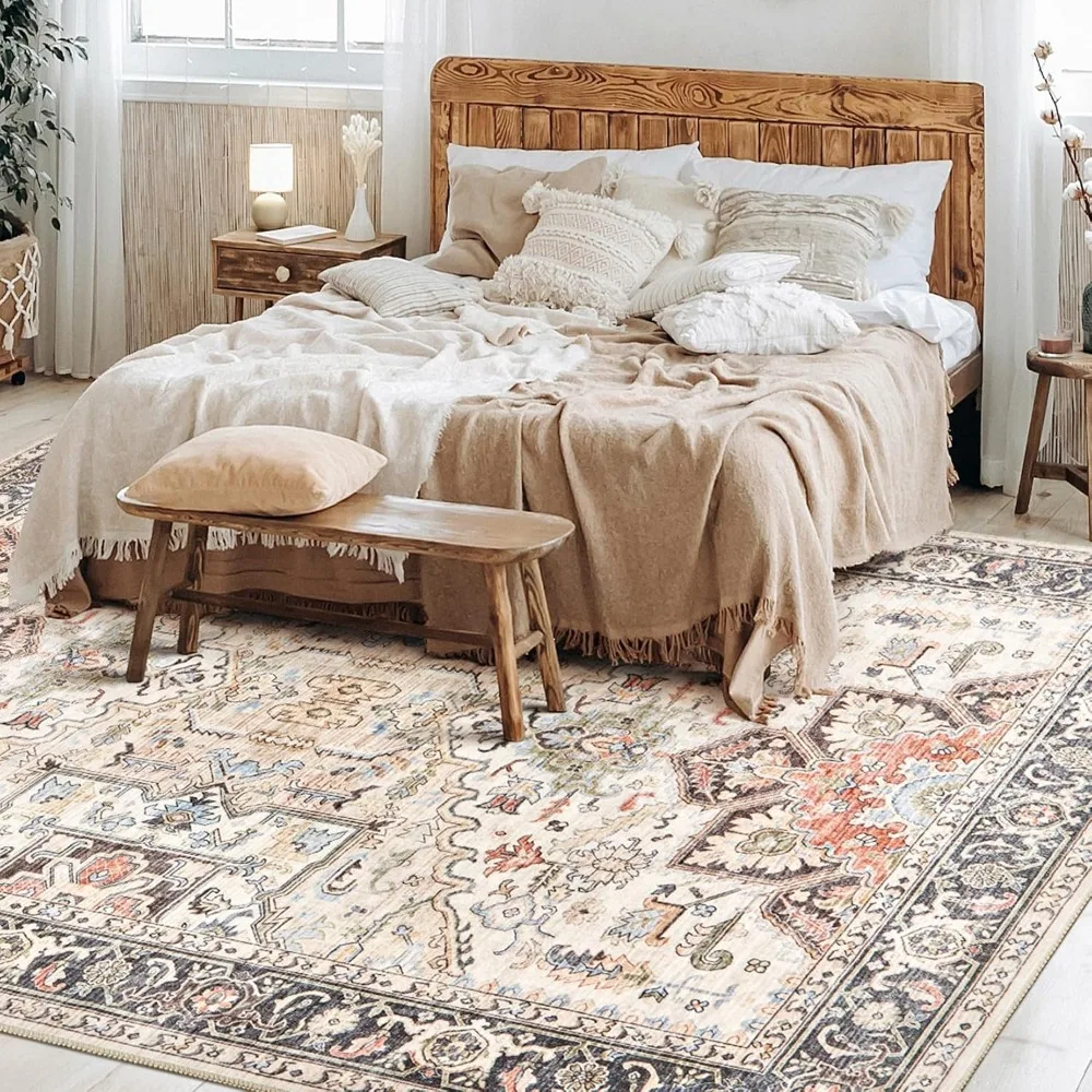 Area Rug Living Room Rugs -Soft Machine Washable Oriental Vintage Floral Distressed Rug Large Indoor Floor Carpet