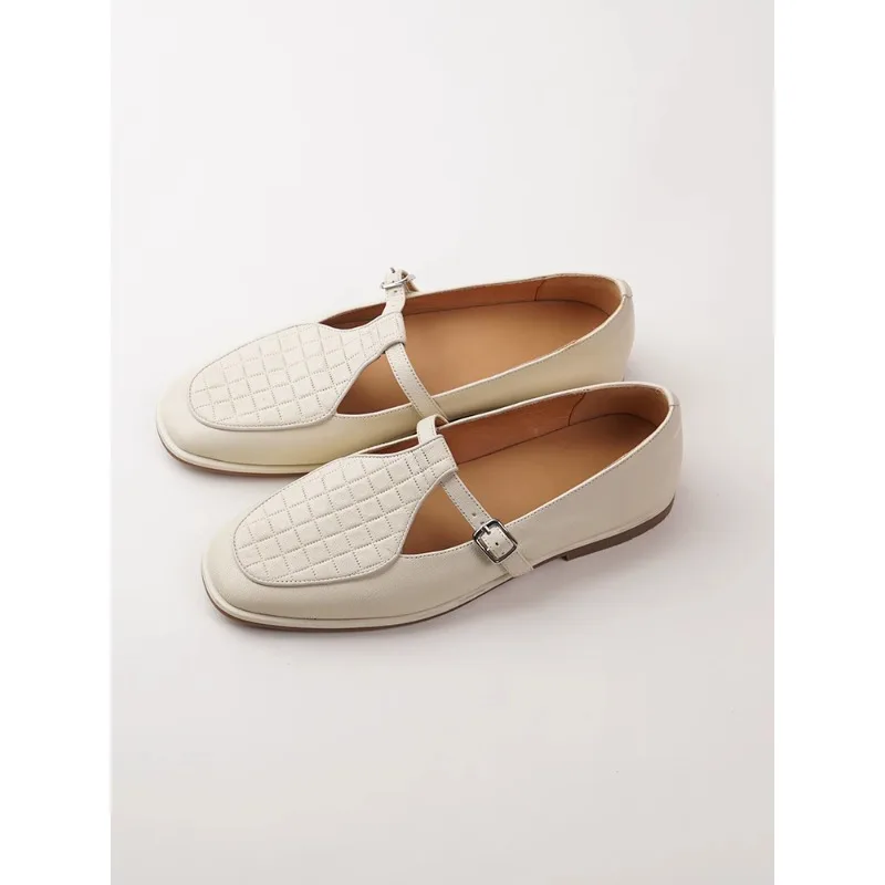White sheepskin soft leather Mary Jane women's shoes, flat bottomed flat heel buckle single shoes