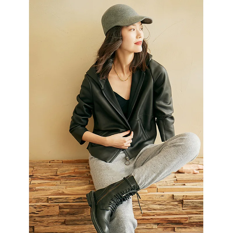 2022 Spring and Autumn New Sheepskin Leather Coat Fashion Hooded Loose Real Leather Jacket W6