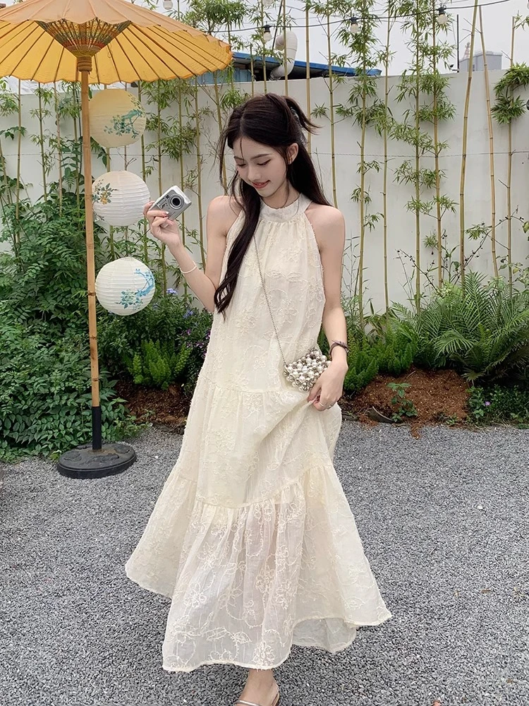 

Small French Vintage Lace Hanging Neck Dress Summer Women's New Sexy Sleeveless Off the Shoulder Large Swing Long Beach Dress