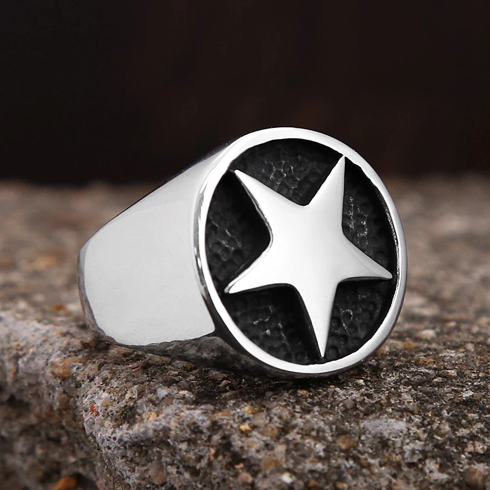 Unisex Stainless Steel Retro Pentagram Signet Ring – Vintage Punk Rock Jewelry Gift