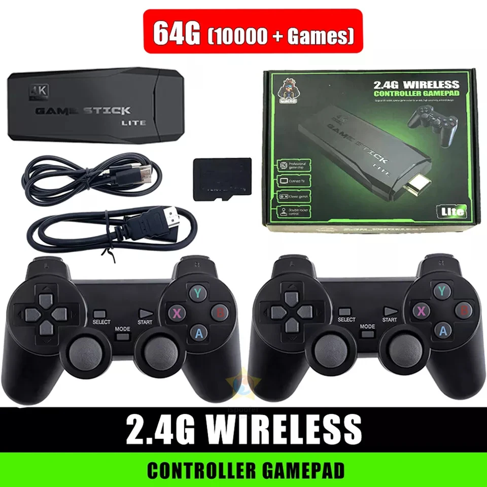 HDMI 4K TV Nostalgia Game Stick 64G 10000+ Game Video Game Consoles + 2×  Wireless Gamepad 