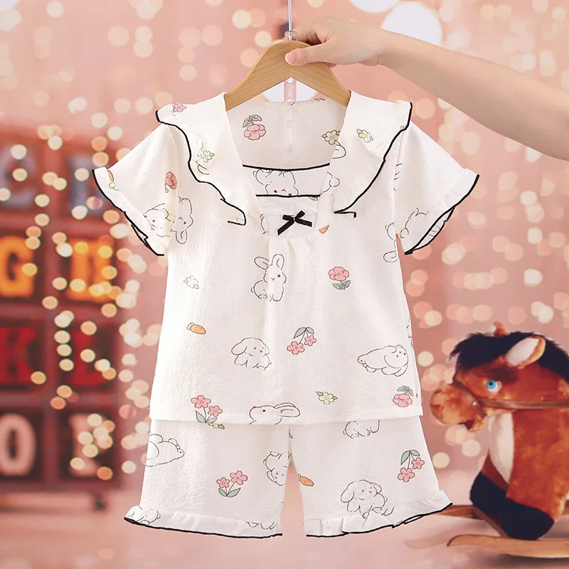 Kids Pajamas Set Kids Pajamas Pajama Sets Kids Clothing Set 2-14y Girls Pajama Sets Kawaii Cute Bubble Crepe Short-sleeve Top+Shorts Suit Kids Pjs Baby Nightwear Korean Summer Pajamas