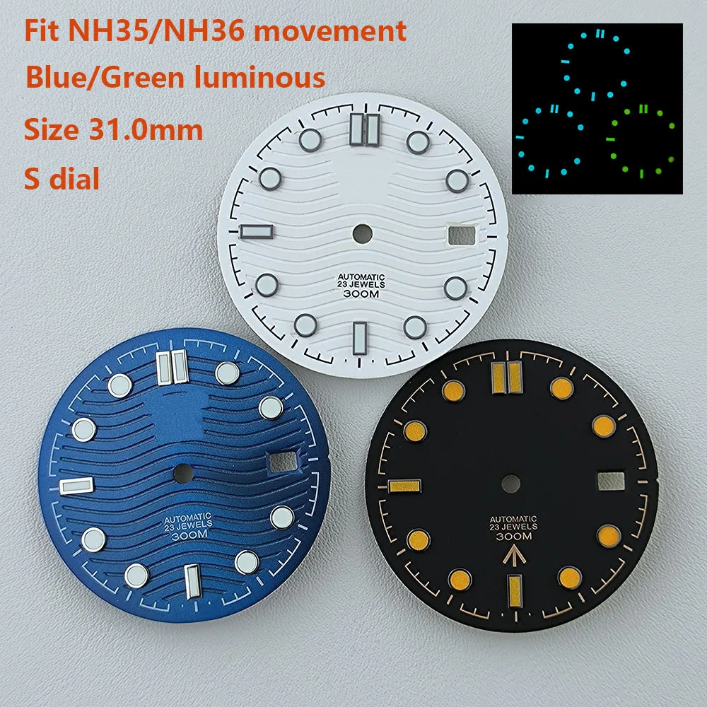 

31.0mm NH35 NH36 dial watch dial S dial blue/green luminous suitable for NH35 NH36 movements watch accessories repair tool