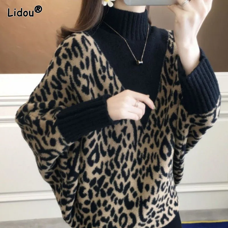 

2022 New Autumn Winter Leopard Printing Patchwork Knitting Pullovers Thick Batwing Sleeve Turtleneck American Retro Cloths Loose