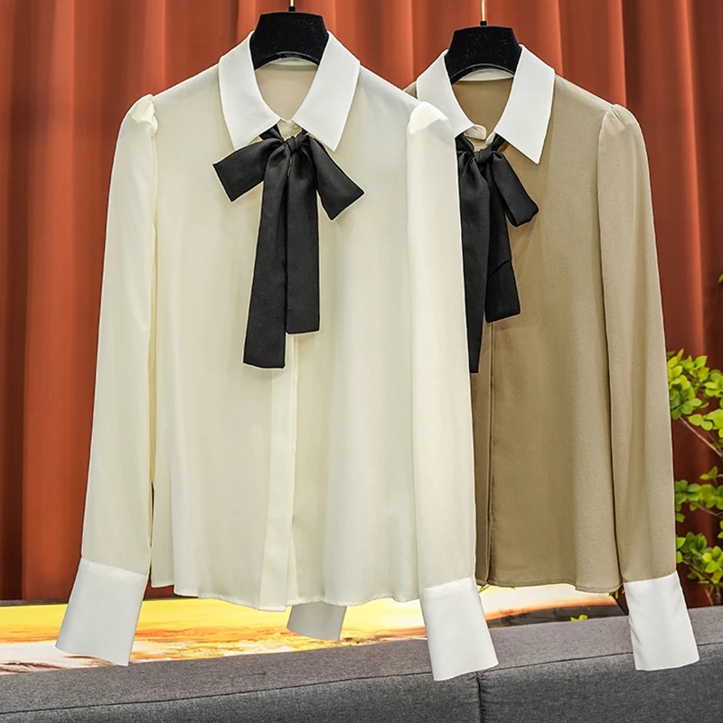 

Light Luxury Silk Blouse Women Bow Tie Shirt 2023 Fall New Original Design Elegant Fashion Tops Office Ladies Formal Clothing