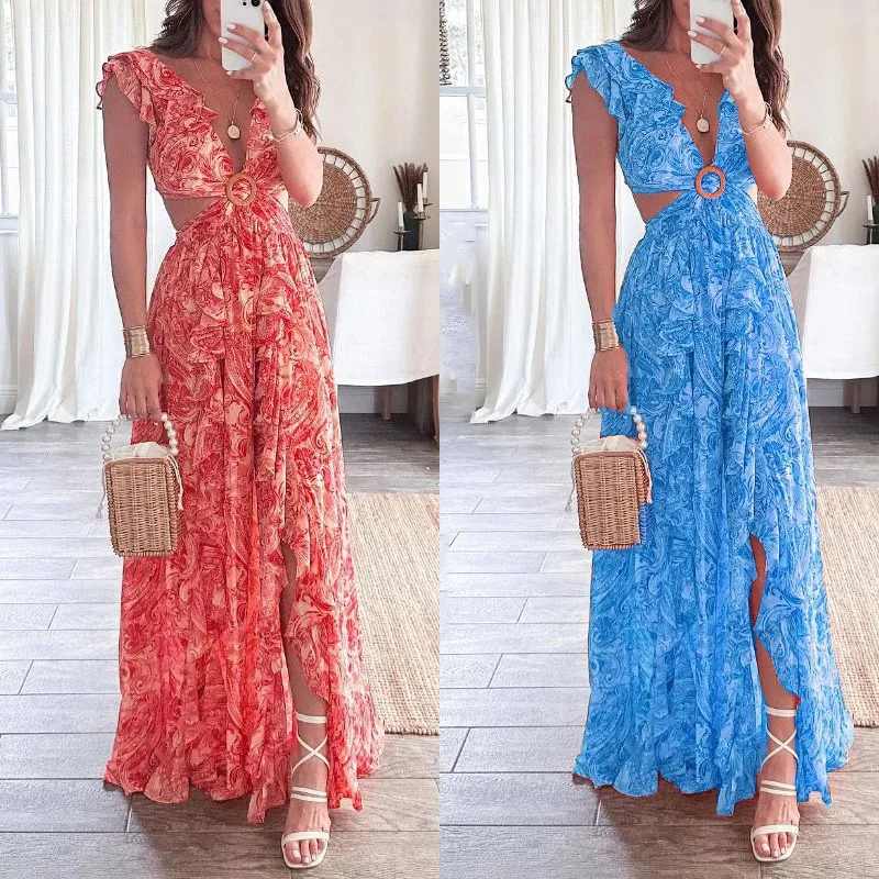 

Summer 2023 Women's New Fashion Sexy Banquet Party Dresses, Sleeveless Deep V Hollow Open Fork Women's Elegant Swing Long Dresse