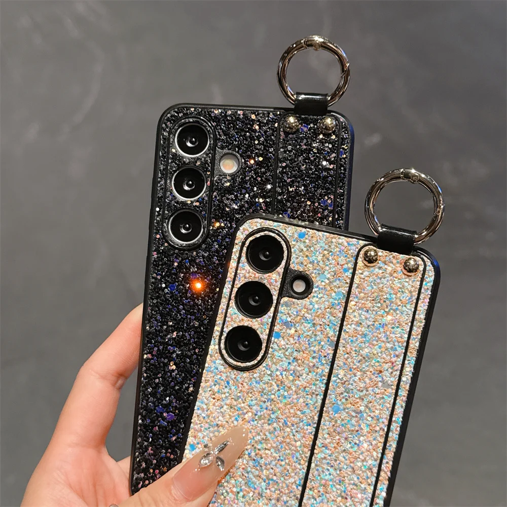 Luxury Glitter Wristband Bracket Case with Hand Strap and Bling Shockproof Cover