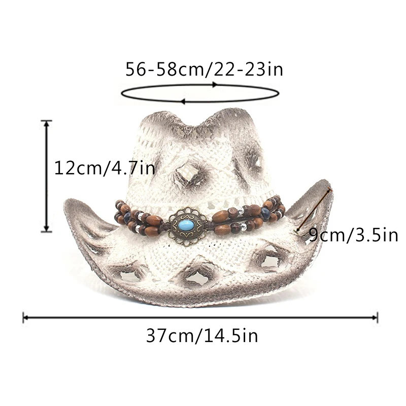 Women Cowboy Hat Creative Curled Straw Hollow Design Ethnic Style Beads Chain Decoration Shade Straw Hat Summer Sun Cap