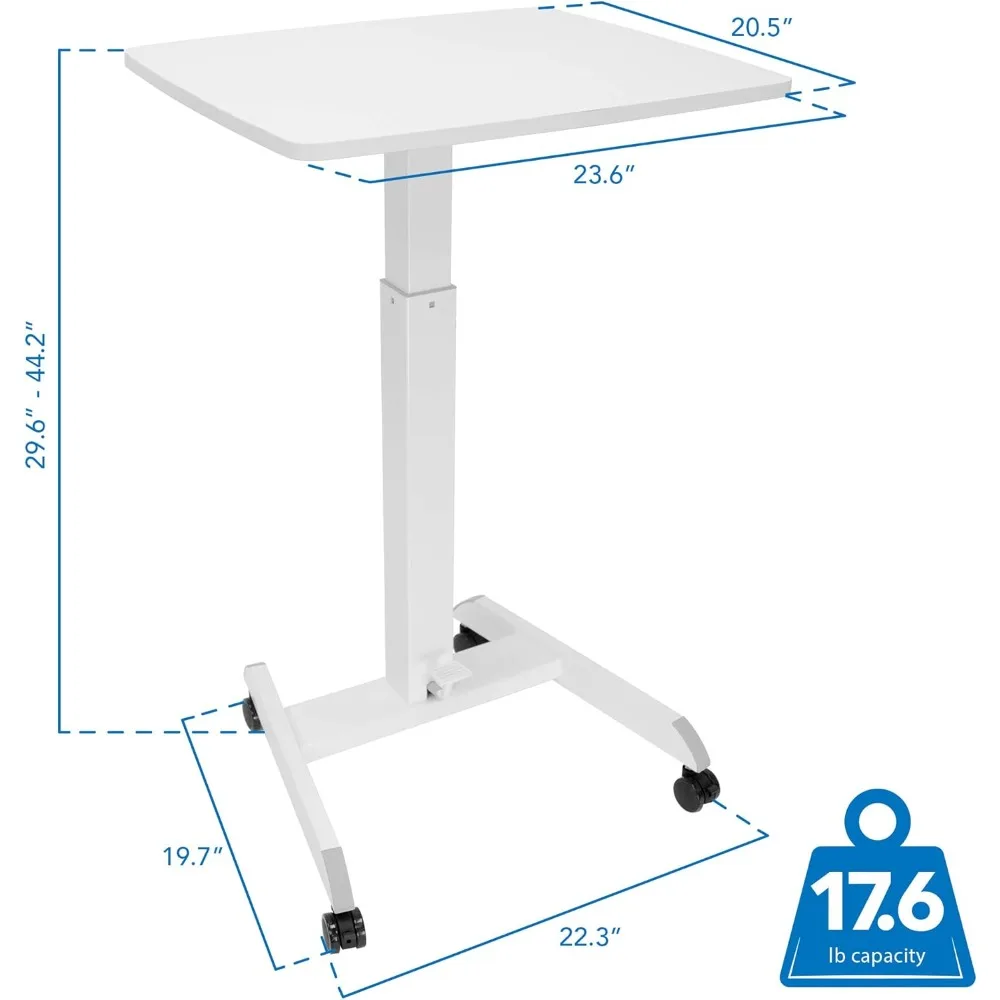 adjustable height rolling laptop desk, 29.6"-44.2" range, mobile workstation with 23.6" x 20.5" surface, compact standing desk s