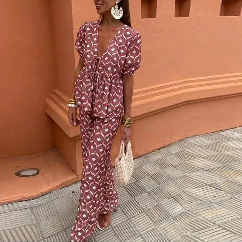 2024 Summer Suit Fashionable Printed Pleated Women's Pants Suit Elegant Temperament Lace-up Hollow Women's Suit