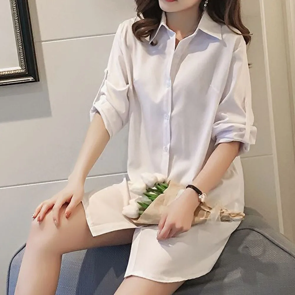

Women Girl Fashion White Black Long Sleeve V Neckline Slim Shirt Oversize Dress