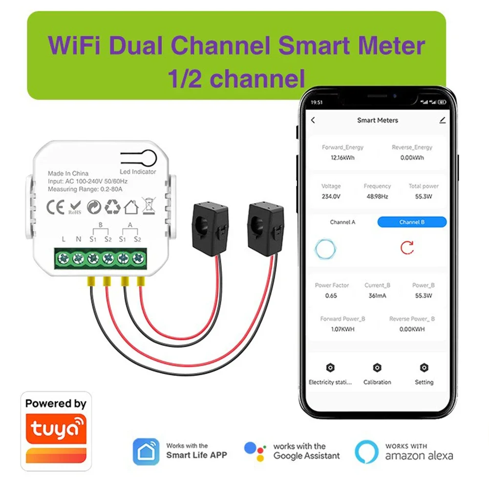 100A WIFI Intelligent Energy Meter with Current Transformer Clamp 1/2 Channel KWh Power Monitor Solar PV Two Way Power Monitor