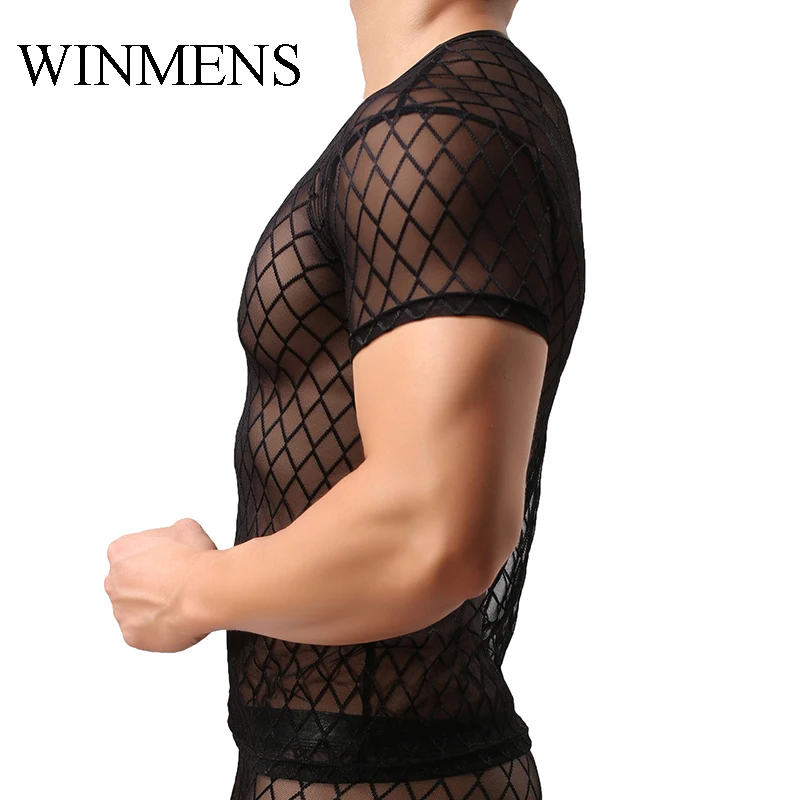 Adult Men's Undershirts Diamond Mesh Breathable Black See Inner O-neck Short Sleeves Sheer Fishnet Fitness Dance Performance