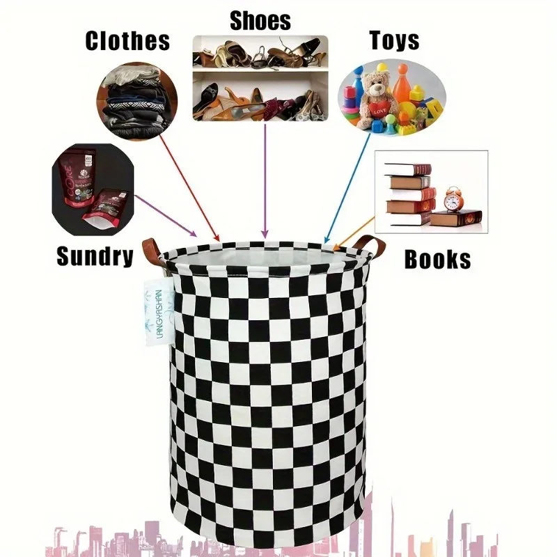Foldable Checkered Laundry Basket, Black and White Checkered Toy and Clothing Storage, Blue and Dirty Clothes Basket