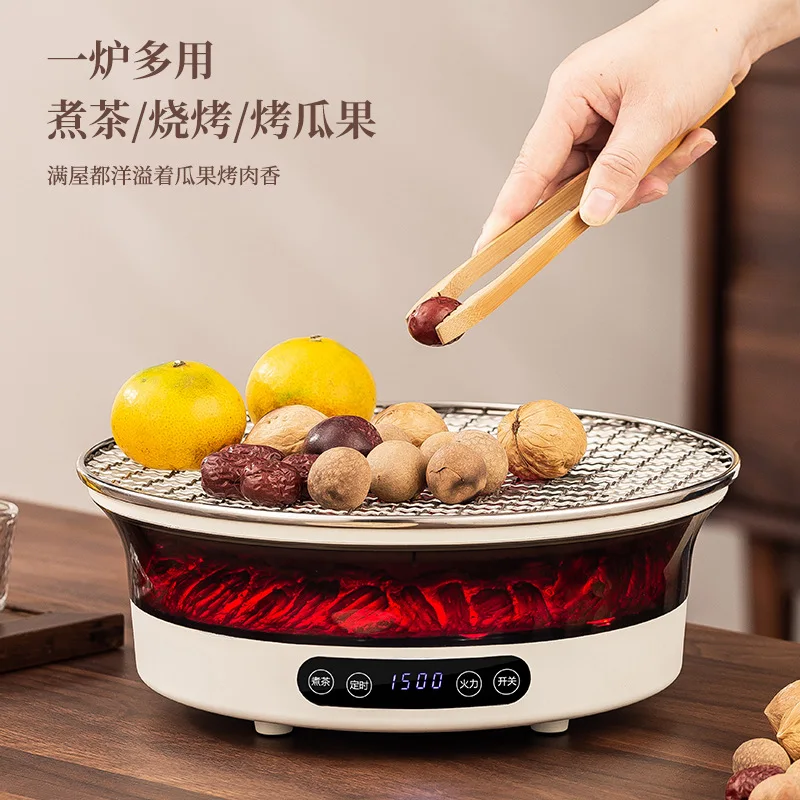 1500w 3D Imitation Charcoal Electric Tea Stove Radiant-cooker Far infrared Microcrystalline Panel Timing Grilled Net