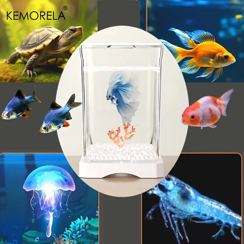 Fish Aquarium KEMORELA Acrylic Betta Fish Tank High Transparency Feeding Hole Desktop Fish Bowl Removable Small Landscape Tank