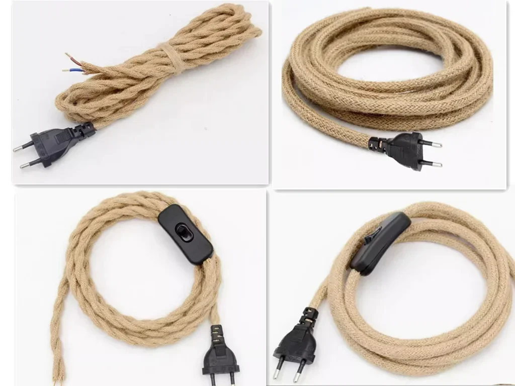 Vintage Hemp Cord Power Cable with On/Off Switch for Retro Pendant Lighting Decor (2-3 Meters, EU Plug)