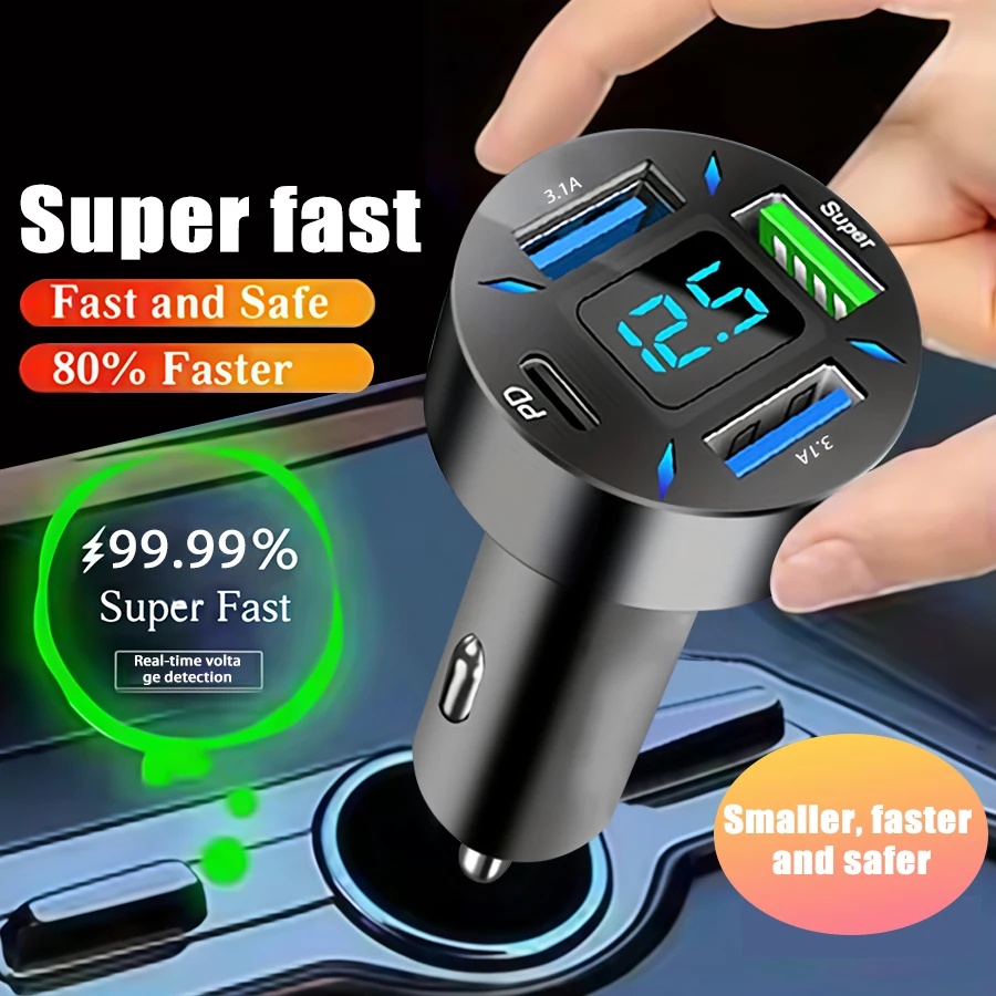 4-in-1 Multi-Port Car Charger With Digital Display Voltage Detection Multi-Function Fast USB+TYPE C Speed Charging