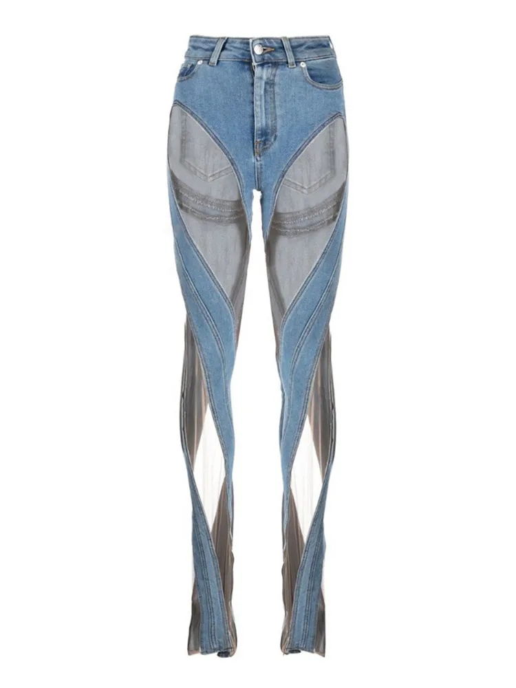 

Fashion Women's Jeans High Waist Spiral Hollow Out Mesh Design Sense Stitching Slit Denim Pants Autumn 2024 New Tide WY140