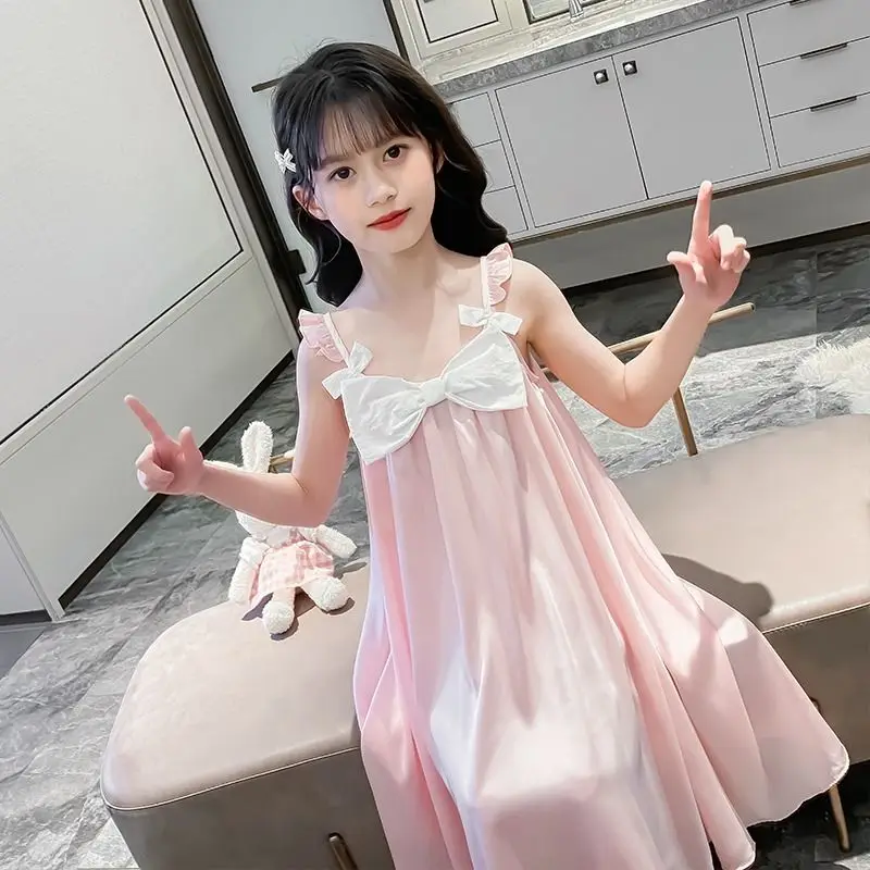 2026년 신상 여름 여자아이 민소매 아이스 실크 나이트가운 (에어컨용)