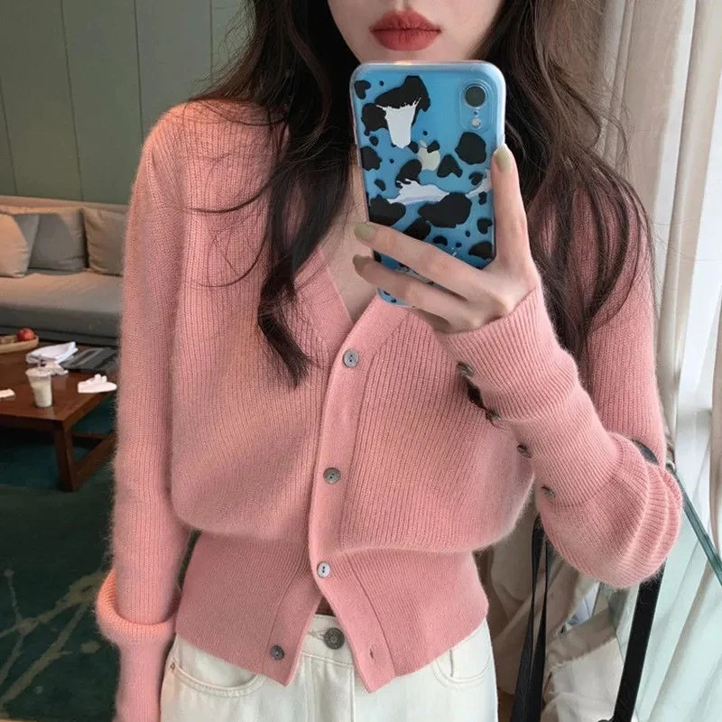 

Rimocy Pink Knitted Sweater Cardigan Women Single Breasted V Neck Sweaters Woman Autumn Winter Solid Color Soft Cardigans Ladies