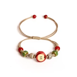 Handmade Ceramic Bracelet with Adjustable Woven Cord - Cute Cartoon Style Jewelry Gift (E)