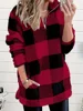 Plus size women's autumn and winter casual long sleeved zipper stand up collar pocket plaid pattern plush hoodie
