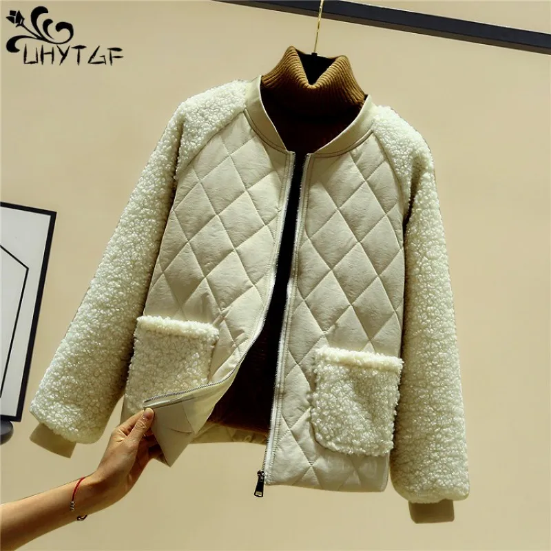 

UHYTGF Winter Women's Short Thin Cotton Coat New Loose Imitation Lamb Wool Stitching Cotton Padded Jacket Lady Fashion Outerwear