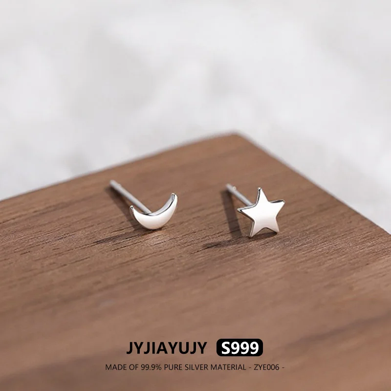 

JYJIAYUJY 100% Pure Silver S999 Earrings 6MM Mini Moon Star Style High Quality Fashion Hypoallergenic Jewelry Gift Daily ZYE006