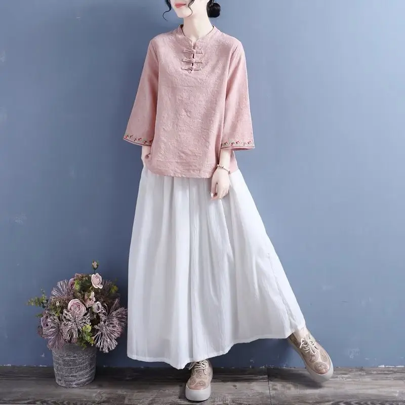 Cheongsam Women's Plus Size Tops Summer Cotton Blend Splicing Embroidery Stand Collar Chinese Style Qipao Shirts Woman