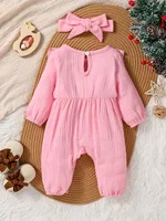 1-18M 2024 Baby Girls Honey Solid Spring/Autumn Pink Cotton Dressy Jumpsuit  With Bow +Hair Band 2