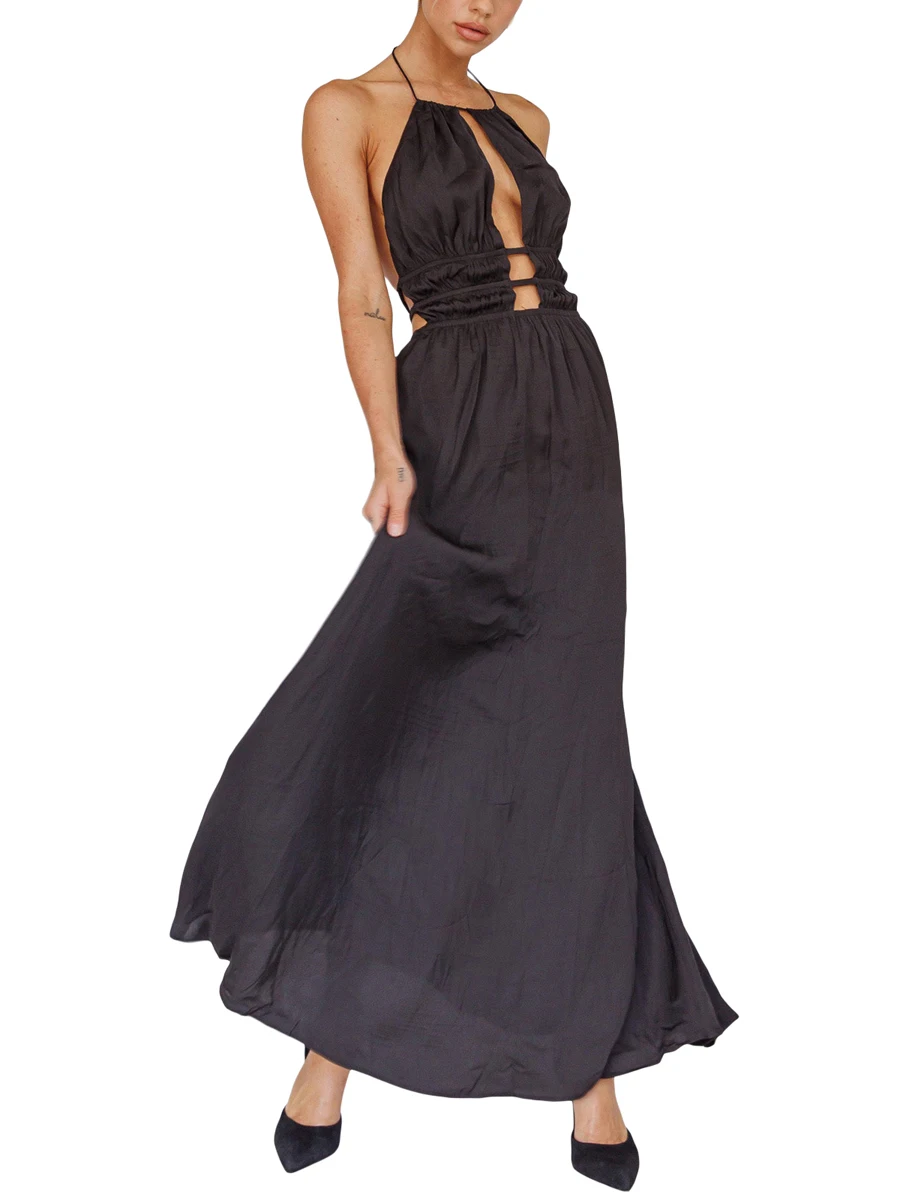 

Women s Halter Long Dress Sleeveless Backless Solid Color Smocked Cocktail Dress Formal Gown