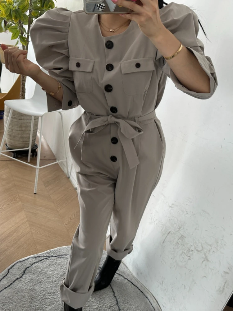 

Fashion New Jumpsuit Long Pants for Women Rompers Puff Sleeve O Neck Single Breasted Autumn Slim Jumpsuirt with Belt Sexy Club