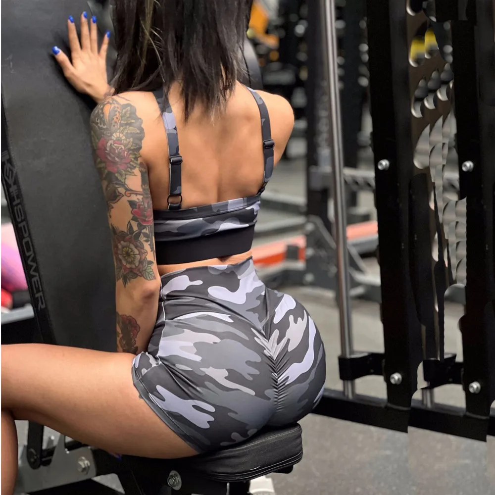 2024 Pad Summer Camouflage Women Sportswear Yoga Set Cross Bra Workout Athletic Wear Gym Scrunch Shorts Fitness Bra Yoga Suit