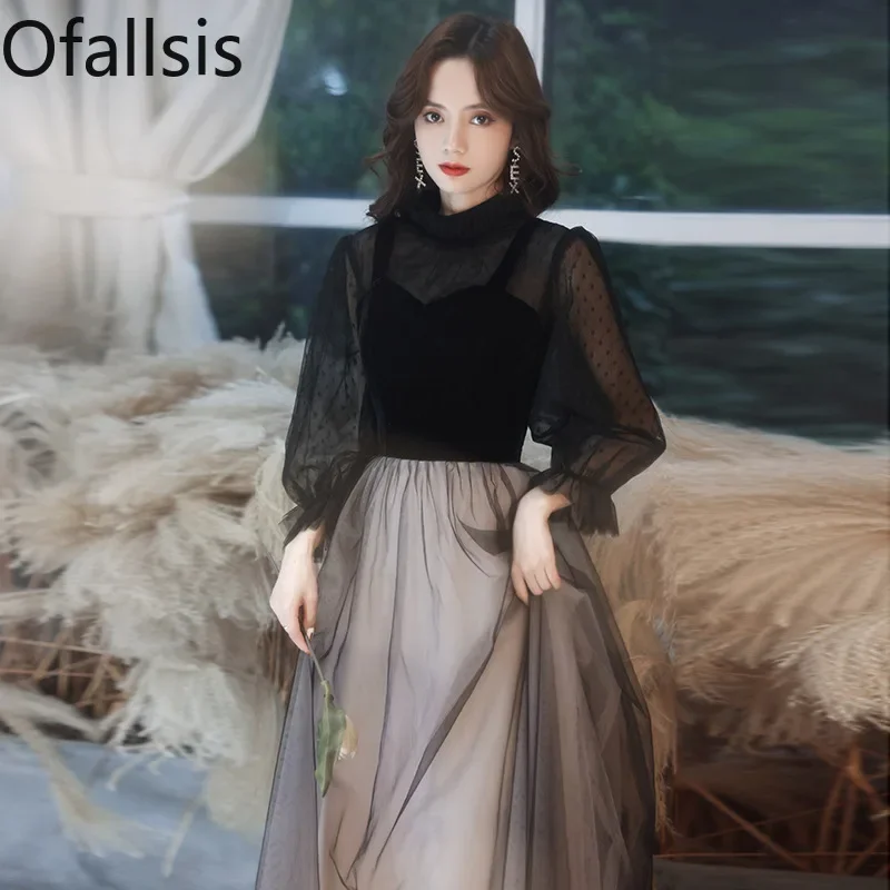 

Ofallsis Black Stand Collar Evening Dress 2023 New Style Autumn Elegant Retro Fairy Charm Slim Host Long High Quality Dresses