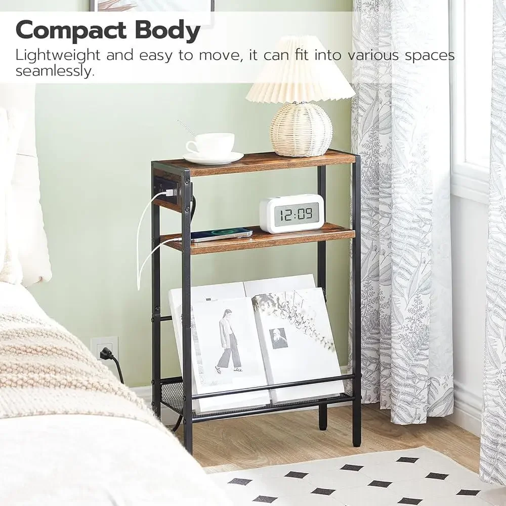 Slim Side Table with Charging Station USB Ports Compact Nightstand Small Spaces End Table with Shelves Sofa Bedroom Office 6