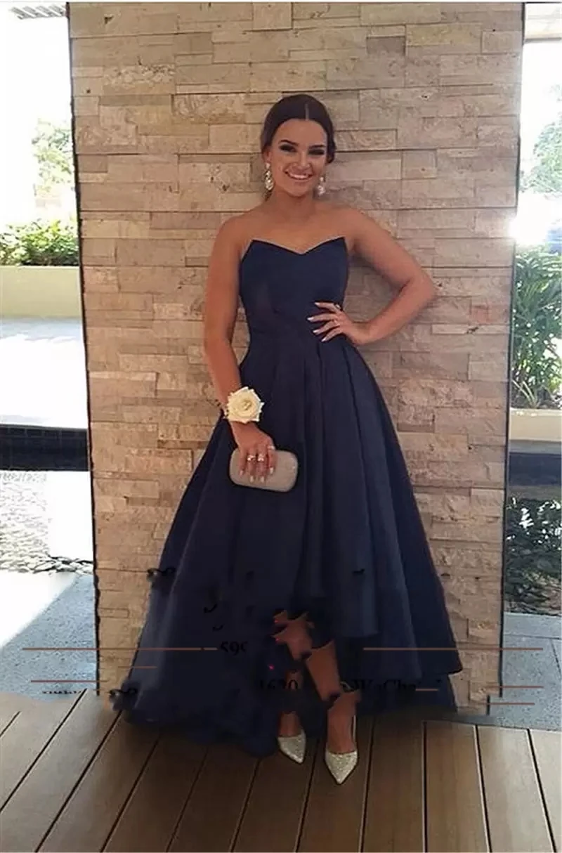 

Hi-Low Style Short Prom Dresses For Women Elegant Satin Navy Blue Evening Party Gowns Plus Size Vestido de