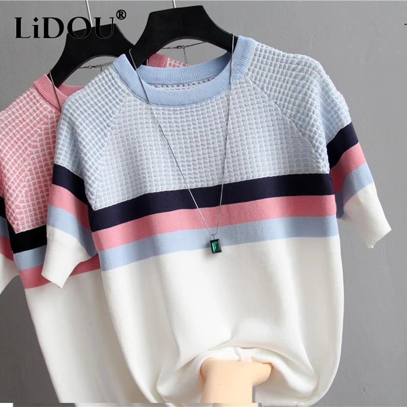 

2023 Summer O Neck Simple Patchwork Knitting T-shirt Women Shot Sleeve Fashion All-match Jumper Tee Female Clothes Lady Pullover