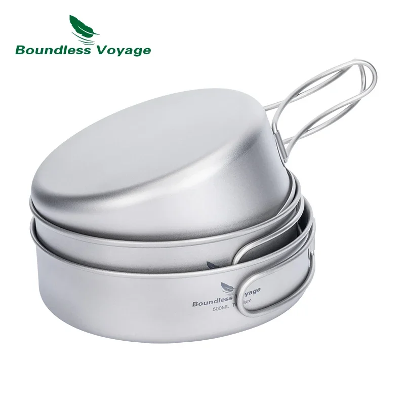 Boundless Voyage Titanium Pot Pan Cooking Set Folding Handles Outdoor Camping Picnic Tableware Bowl Plate Cookware Kit