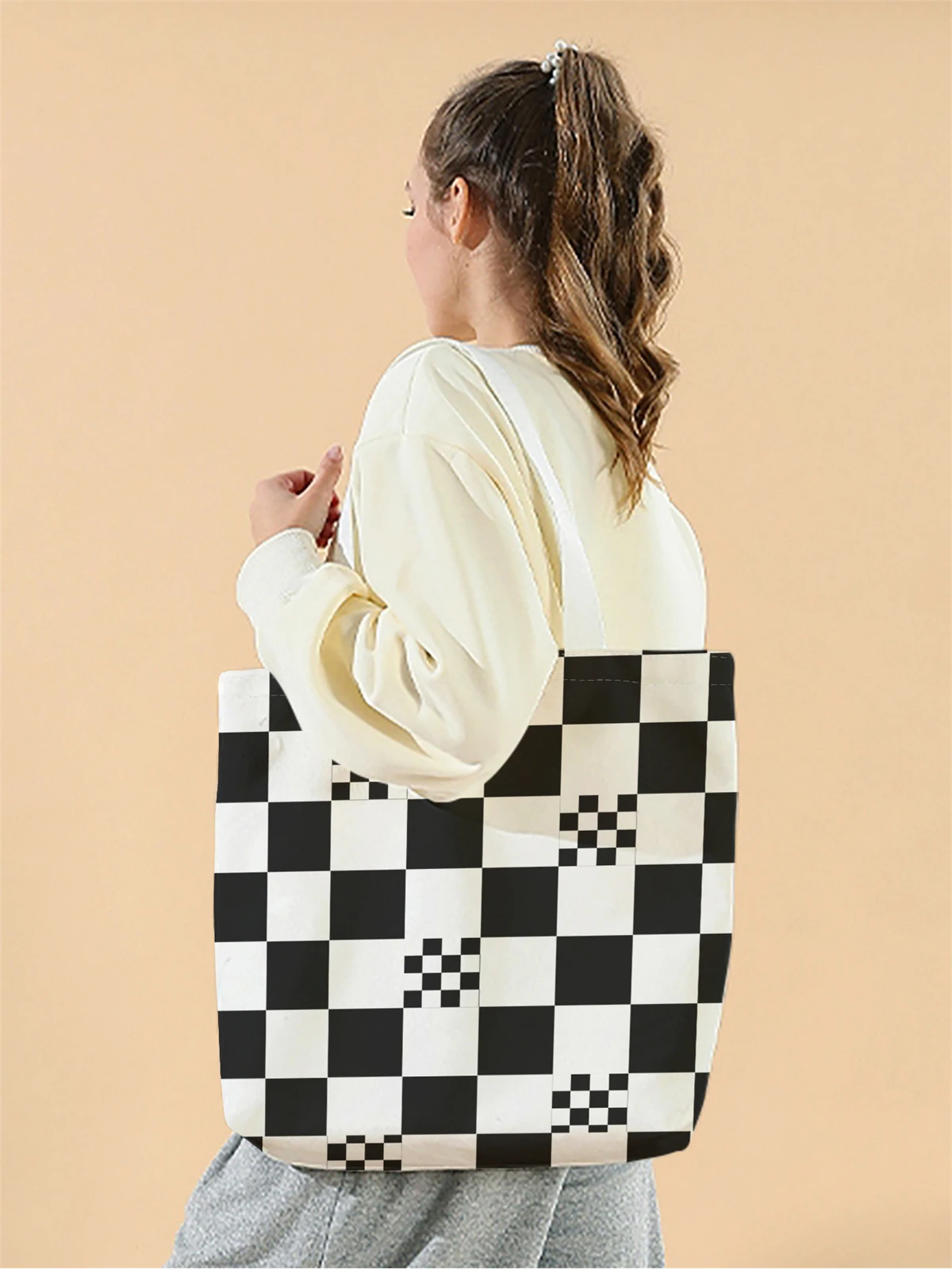 1pc,checkerboard handbag, reusable fashionable handbag, multifunctional handbag, printed canvas shopping bag