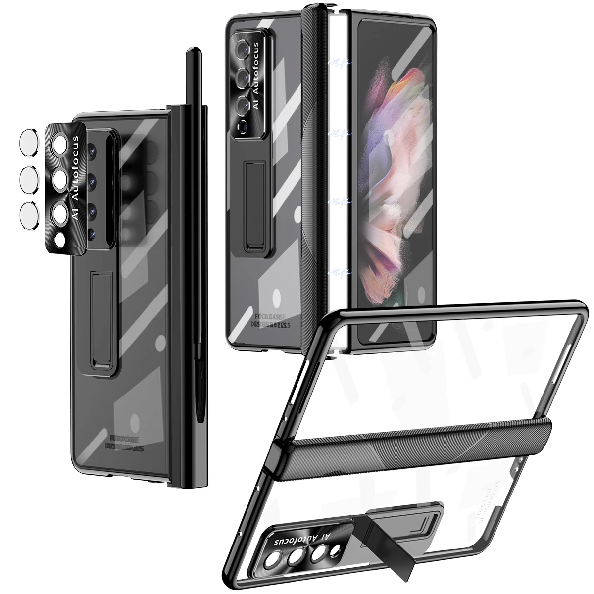 

Electroplated Holder Magnetic Hinge Cover For Samsung Galaxy Z Fold5 Fold 5 4 3 Transparent Glossy Armor PC Case Glass Protector