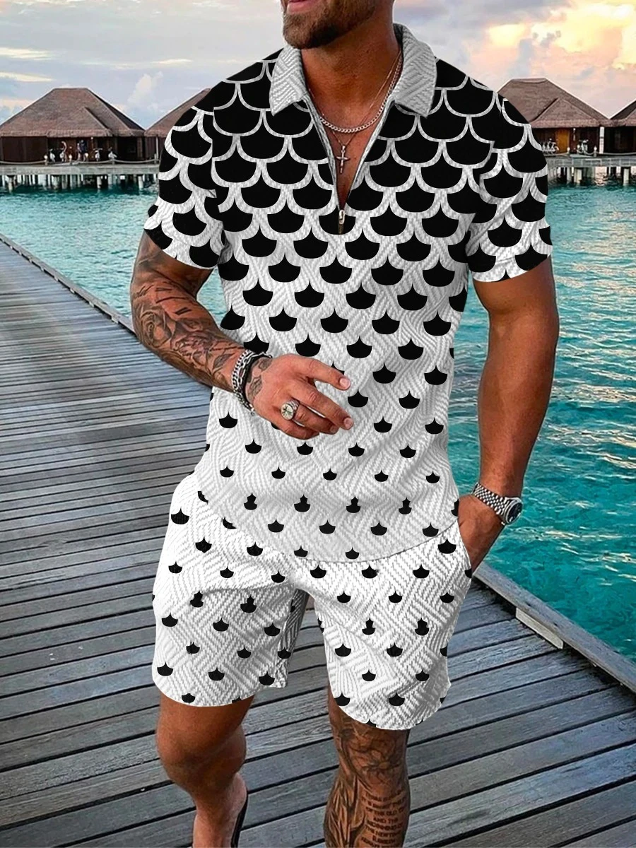 Scale 3D Print Men Summer Tracksuit Casual V-Neck Zipper Polo Shirt+Shorts Jogging Sets Casual Luxury Streetwear Suits automatic board gypsum plasterboard cutter tools scriber scale edger tool sets construction worker household artifact cutter