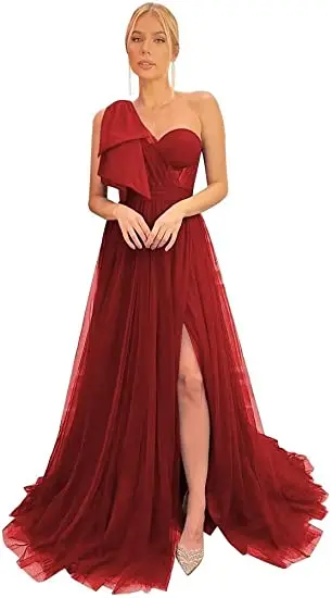 

One Shoulder Tulle Prom Dress Long Split A Line Formal Evening Party Gowns with Bow