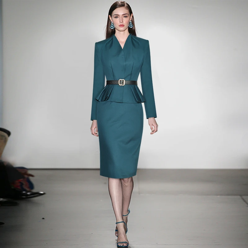 

2022 Elegant High Quality Luxury Designer Suit Women V-Neck Long Sleeve Belt Tops + Pencil Skirt Solid Office Lady Two Piece Set