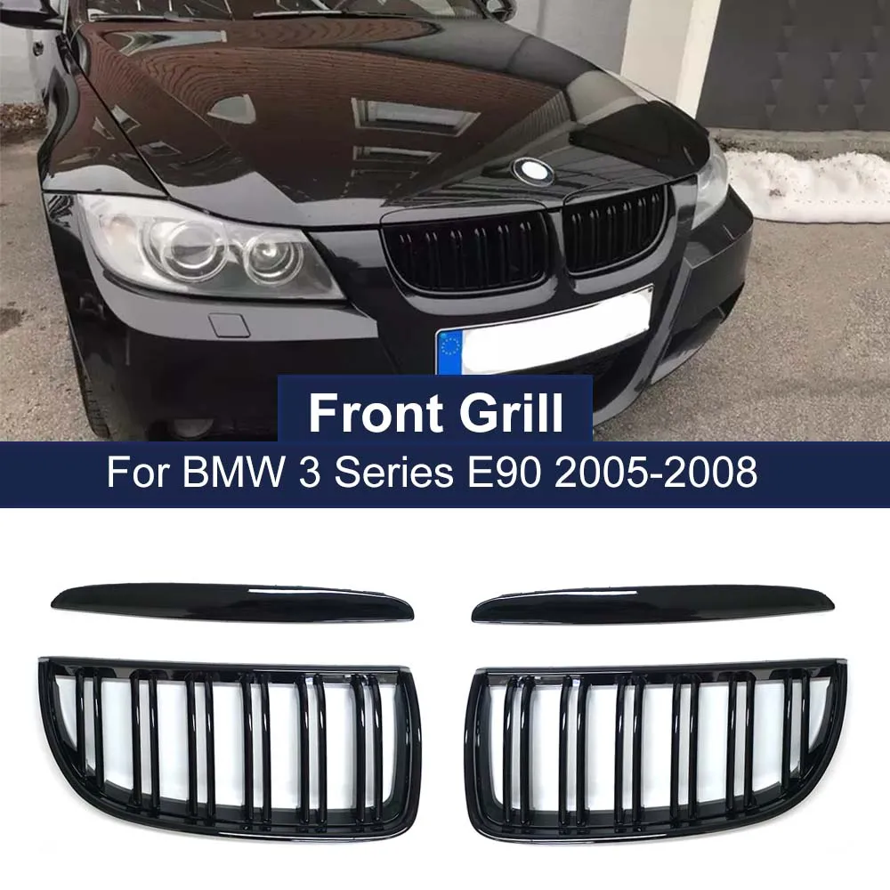 

2Pcs Front Kidney Grille Hood Double Line Slat For BMW 3 Series E90 E91 320i 323i 328i 335i 2005-2008 Car Accessories